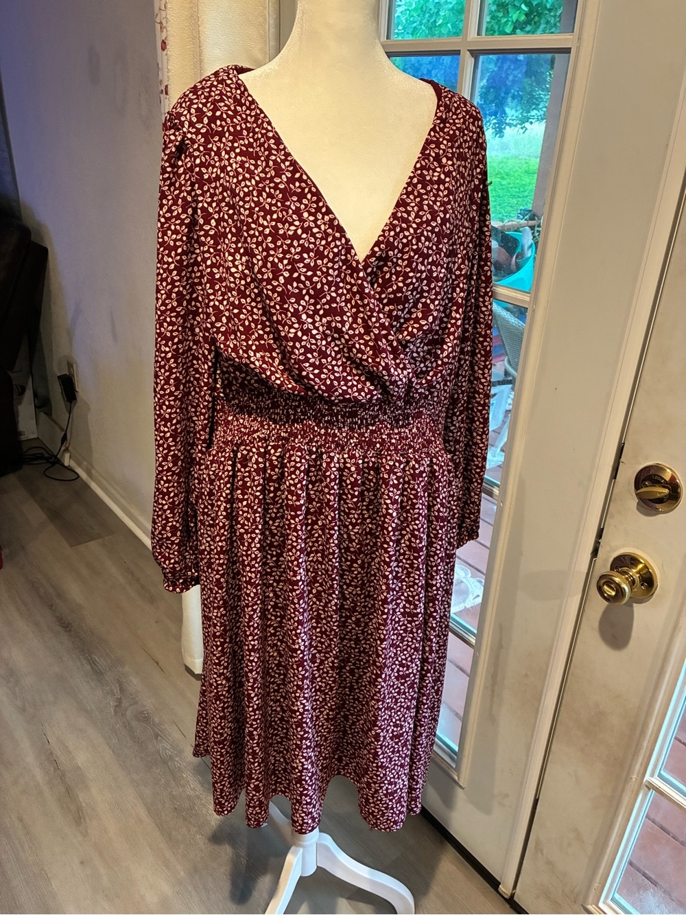 Draper James Burgundy and White Floral Long Sleeve Wrap Dress with Smocked Waist